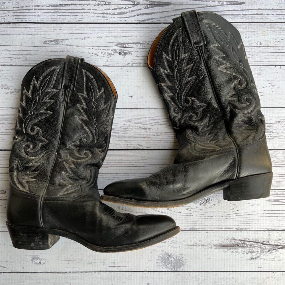 Dan Post Mens Vintage Black Milwaulkee Leather Cowboy Boots Ranch Size 10EW‎